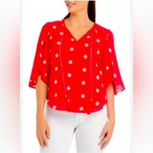 Cupio Women's Petal Sleeve Tie Neck Top Size M Barberry Embroidery Peasant Gauzy